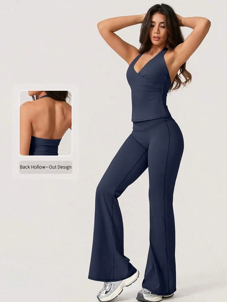 Womens Halter Deep V-Neck Backless Crop Top And Flared Yoga Pants Activewear Set
Womens Halter Deep V-Neck Backless Crop Top And Flared Yoga Pants Activewear Set