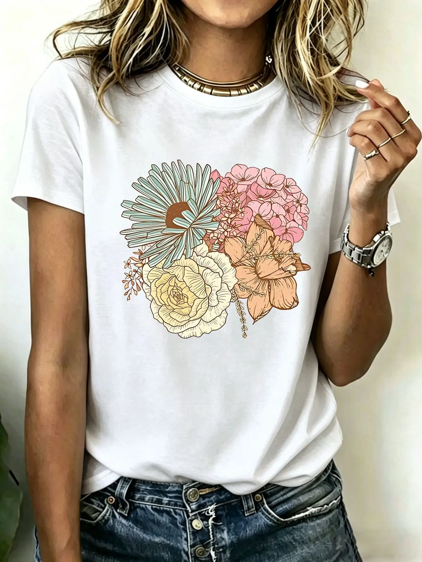 180-gram pure cotton Plus-size women's T-shirt, featuring colorful pastel floral line-art print, comfortable breathable fabri
180-gram pure cotton Plus-size women's T-shirt, featuring colorful pastel floral line-art print, comfortable breathable fabri