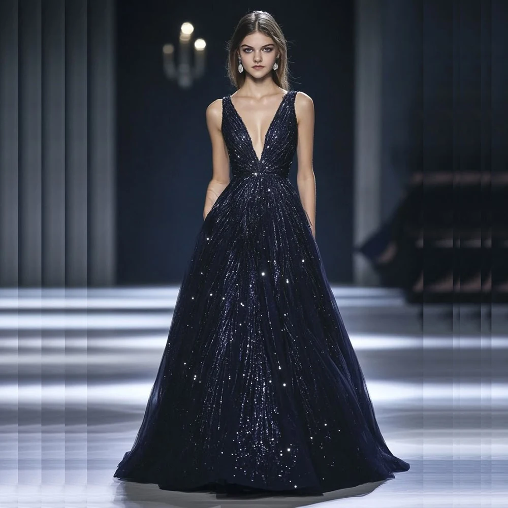 Gorgeous Sparkle Navy Blue Sequin Evening Dress V-neck Sleeveless Floor Length A-line Women Prom Gowns Banquet Bar Mitzvah Dress
Gorgeous Sparkle Navy Blue Sequin Evening Dress V-neck Sleeveless Floor Length A-line Women Prom Gowns Banquet Bar Mitzvah Dress