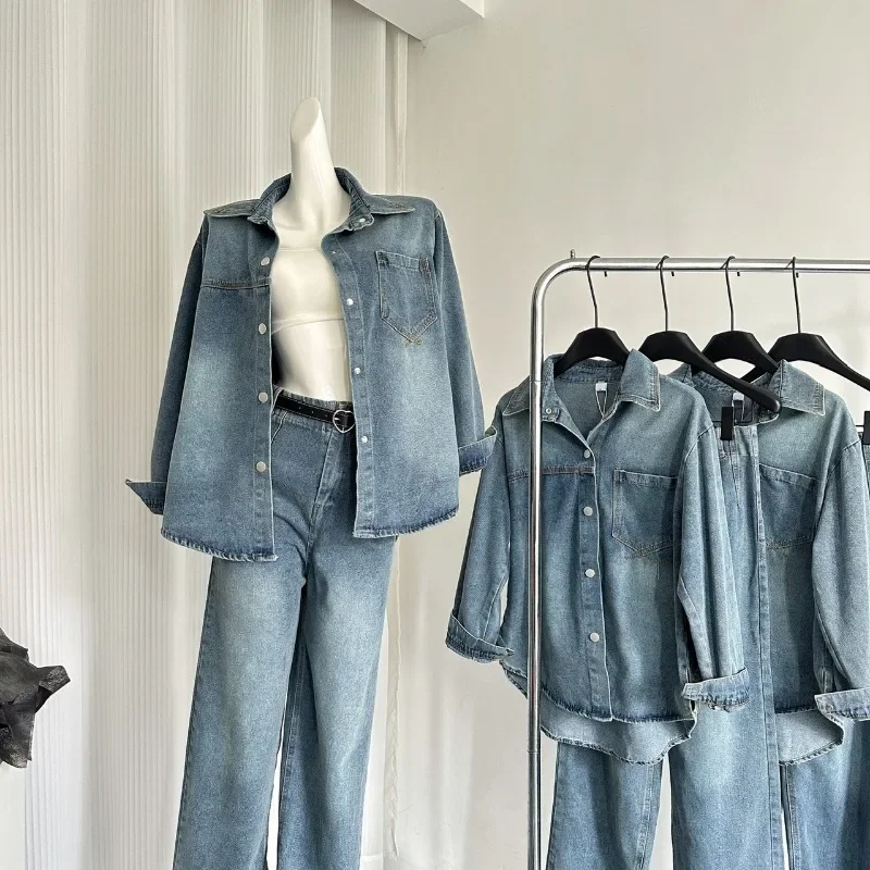 Korean Fashion Autumn New Women Sets Retro Denim Turn Down Collar Long Sleeve Shirt Tops + High Waist Wide Leg Jeans Pants
Korean Fashion Autumn New Women Sets Retro Denim Turn Down Collar Long Sleeve Shirt Tops + High Waist Wide Leg Jeans Pants