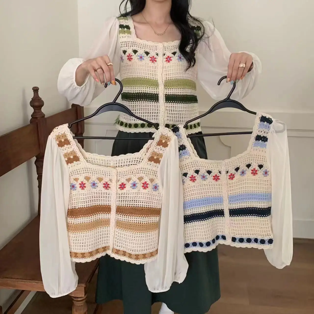 Sweet Knitted Chiffon Shirt Women Hollowed Out Crochet Long Sleeves Square Collar Top
Sweet Knitted Chiffon Shirt Women Hollowed Out Crochet Long Sleeves Square Collar Top