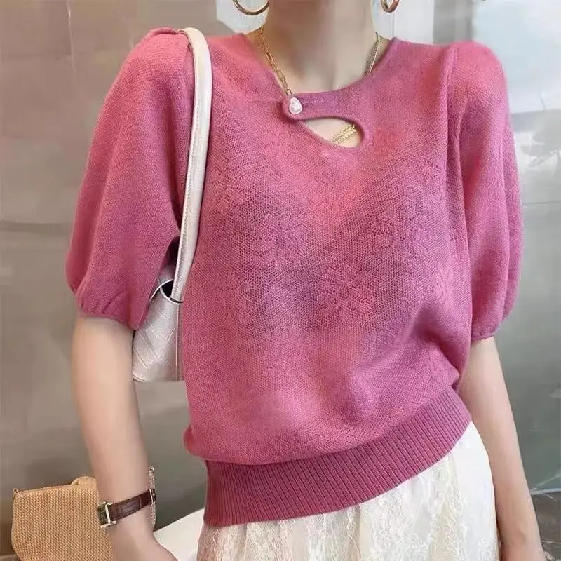 2024 Summer Patchwork Ice Silk Knitted Tshirt Sweater Women Buttons Elegant Fashion Chic Knitwear Tees Short Sleeve Top L184
2024 Summer Patchwork Ice Silk Knitted Tshirt Sweater Women Buttons Elegant Fashion Chic Knitwear Tees Short Sleeve Top L184