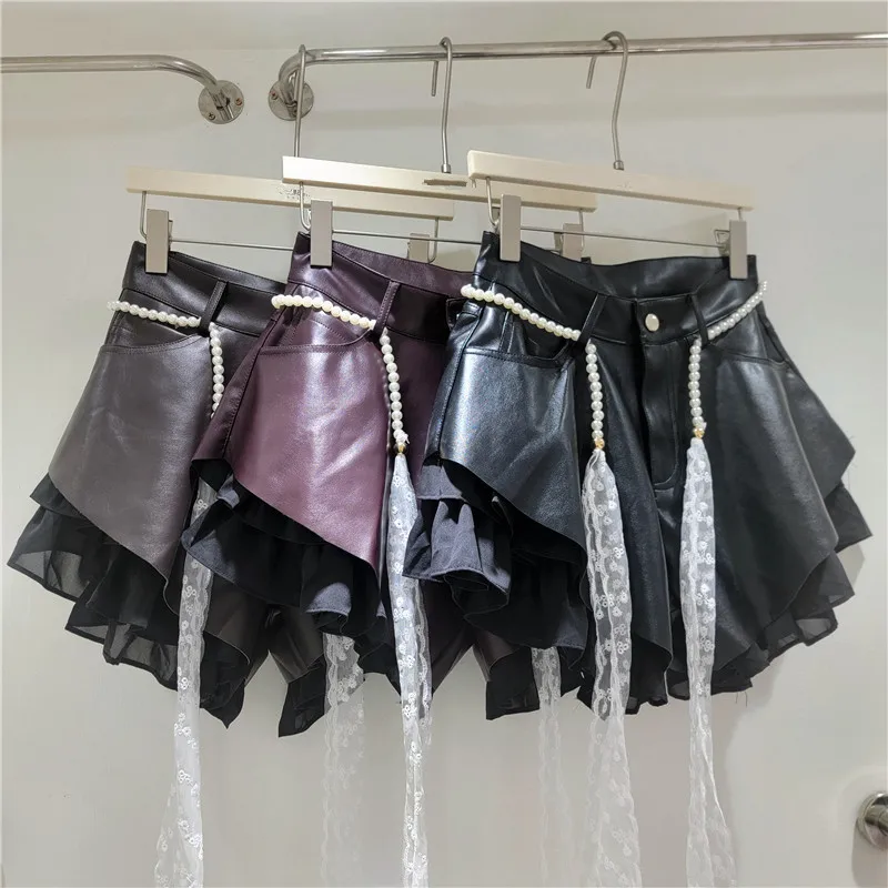 PU Shorts Women 2026 Summer Splicing Lace Versatile Wide Leg Bootcuts with Sashes Vintage Zipper Slim-looking A-line Shorts
PU Shorts Women 2026 Summer Splicing Lace Versatile Wide Leg Bootcuts with Sashes Vintage Zipper Slim-looking A-line Shorts