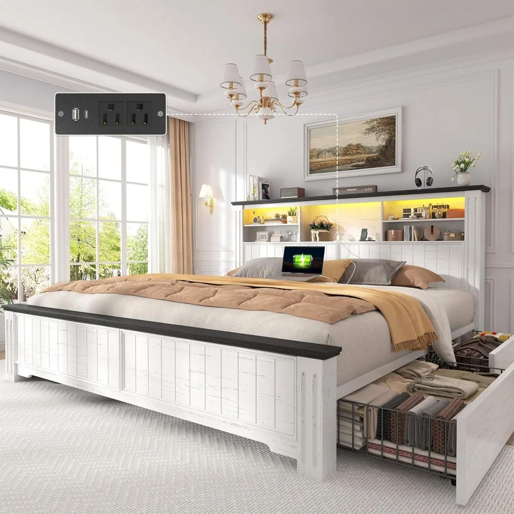EnHomee King Size Bed Frame and Headboard, King Bed Frame with 4 Drawers USB & LED, Farmhouse Bed Built in Charging Station,No B
EnHomee King Size Bed Frame and Headboard, King Bed Frame with 4 Drawers USB & LED, Farmhouse Bed Built in Charging Station,No B