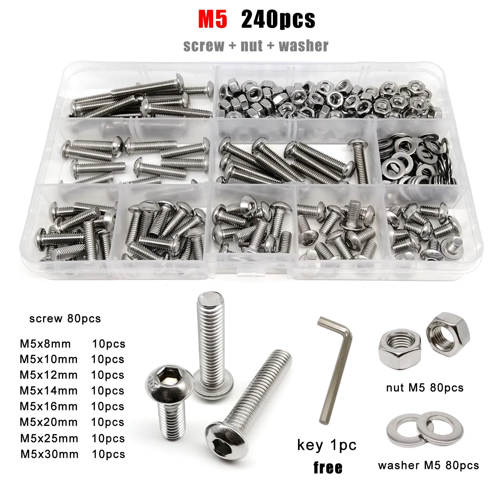 1 Box M1.6 M2 M2.5 M3 M4 M5 M6 M8 304 Stainless Steel Hex Hexagon Socket Allen Button Head Screw Bolt Nut Assortment Kit ISO7380
1 Box M1.6 M2 M2.5 M3 M4 M5 M6 M8 304 Stainless Steel Hex Hexagon Socket Allen Button Head Screw Bolt Nut Assortment Kit ISO7380
