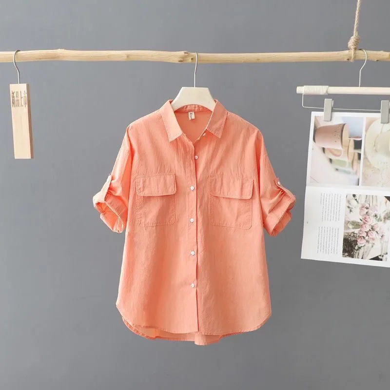 Fluorescent Short Sleeve Loose Women's Shirt Casual Summer New Outerwear Design Breathable Polyester Collar Button up
Fluorescent Short Sleeve Loose Women's Shirt Casual Summer New Outerwear Design Breathable Polyester Collar Button up