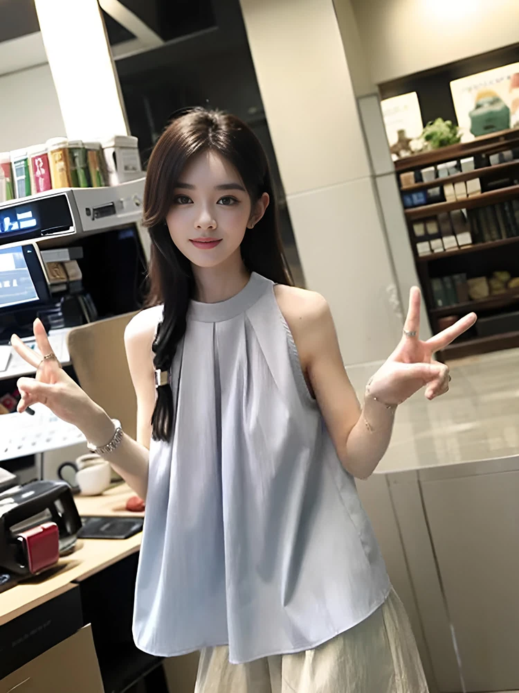 French Style Loose Fit Shirt Blue Sleeveless Neck Hanging Women's Summer Outdoor Wear Pure Desire Short Top Design Sense
French Style Loose Fit Shirt Blue Sleeveless Neck Hanging Women's Summer Outdoor Wear Pure Desire Short Top Design Sense