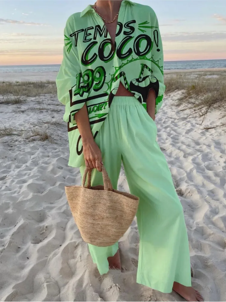 2025 Summer Women Printed 2 Pieces Sets Long Sleeve Shirt Wide Leg Pants Outfits Female Beach Holiday Sets Fashion Two Piece Set
2025 Summer Women Printed 2 Pieces Sets Long Sleeve Shirt Wide Leg Pants Outfits Female Beach Holiday Sets Fashion Two Piece Set