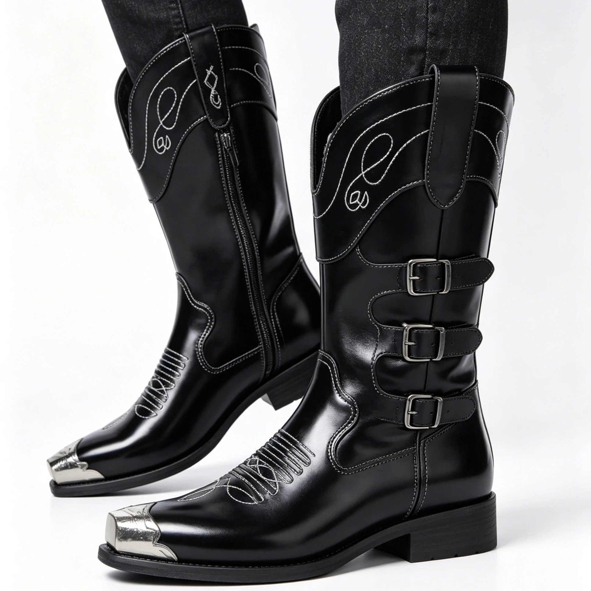 Men's Rocker Moto Boots: Black Patent Leather Western Boots with Steel Toe & Buckles | Badass Biker Footwear
Men's Rocker Moto Boots: Black Patent Leather Western Boots with Steel Toe & Buckles | Badass Biker Footwear