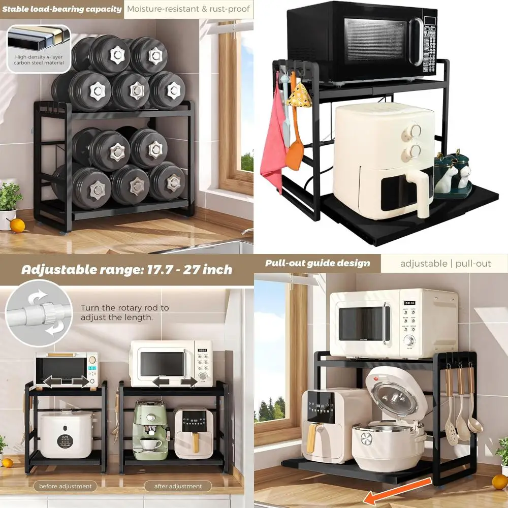 Регулируемая по высоте 2-уровневая подставка для микроволновой печи с крючками и усиленными присосками - углеродистая сталь, простая сборка, черный цвет
Регулируемая по высоте 2-уровневая подставка для микроволновой печи с крючками и усиленными присосками - углеродистая сталь, простая сборка, черный цвет