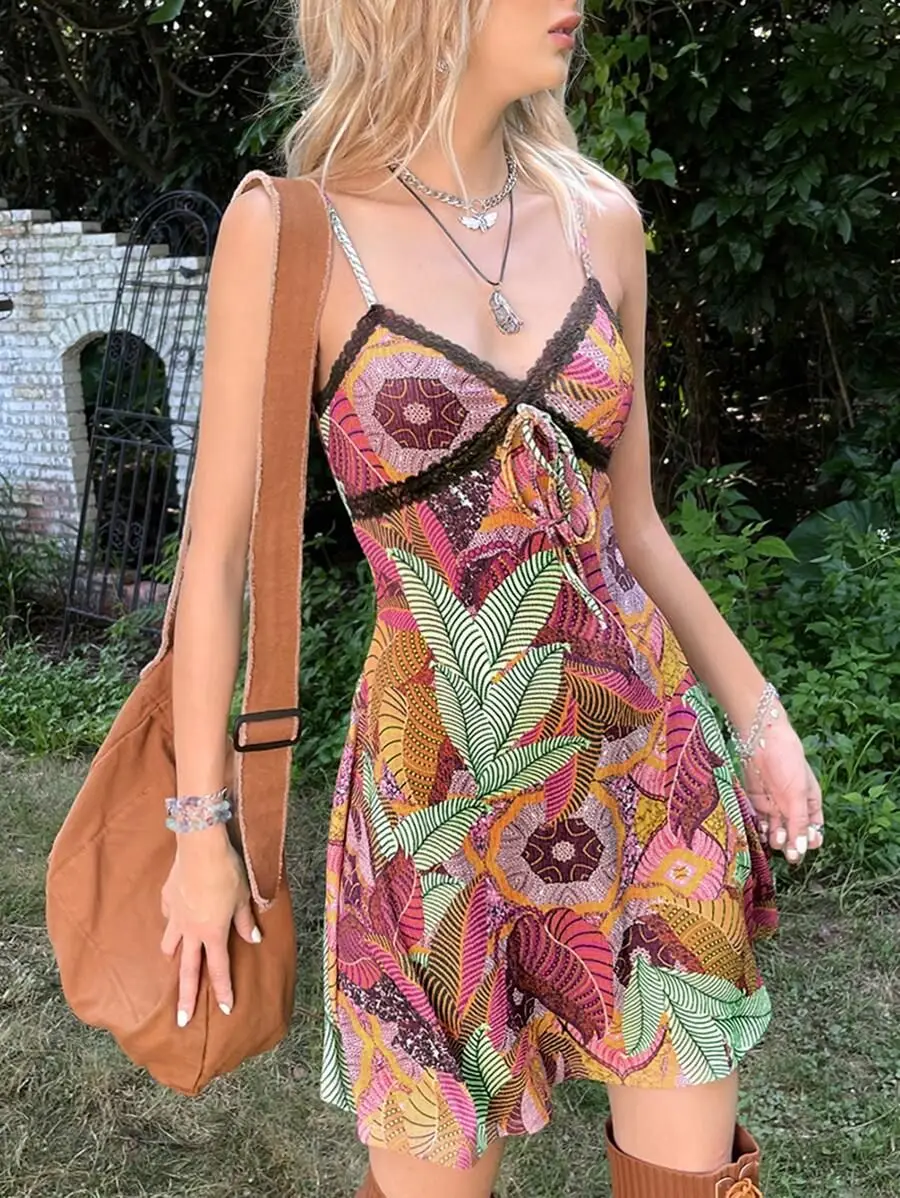 Tropical Print Contrast Lace Knot Front Cami Dress
Tropical Print Contrast Lace Knot Front Cami Dress