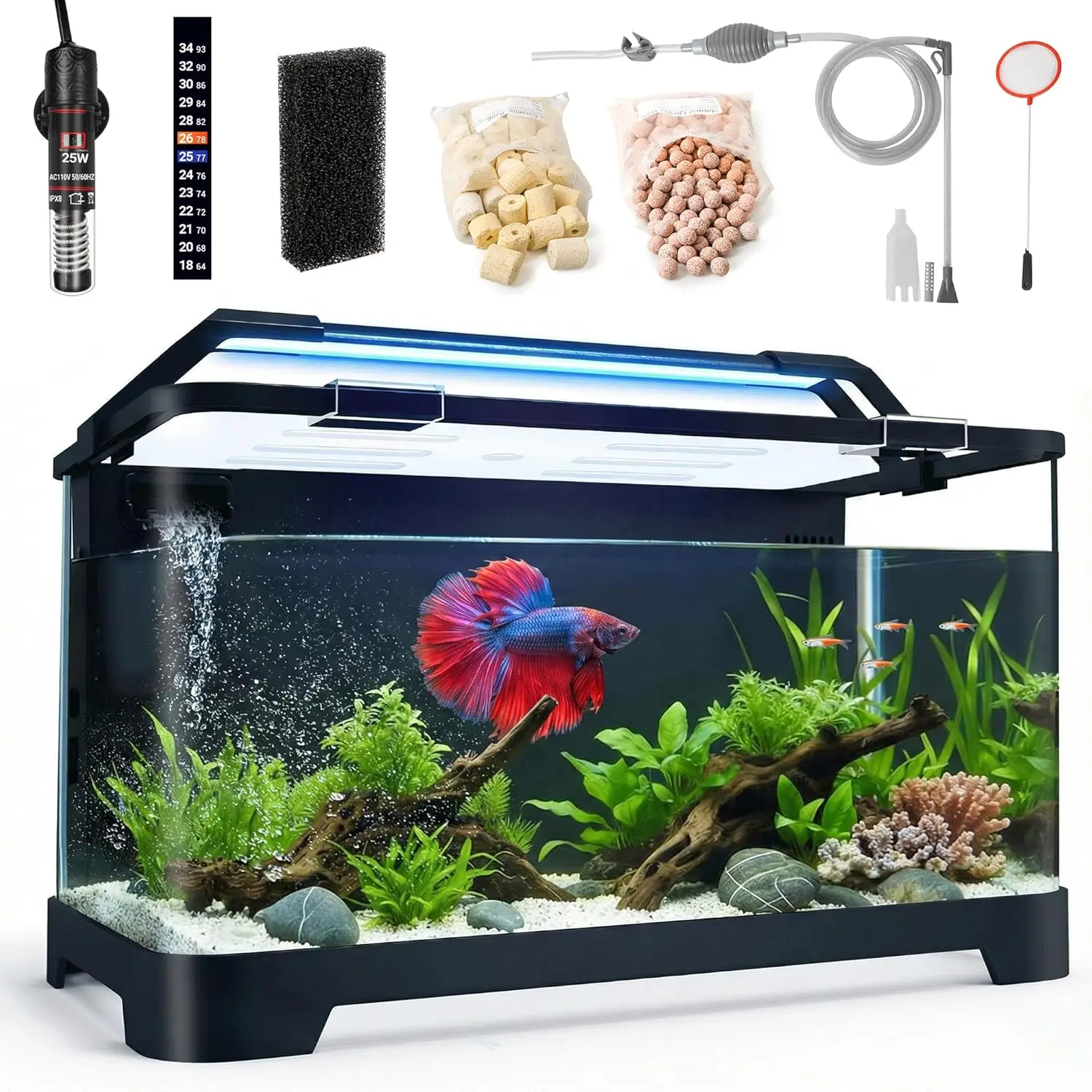 3.5 Gallon Betta Fish Tank All in One Starter Kit with Back Filter, Heater, LED Light & Water Changer, Nano Aquarium
3.5 Gallon Betta Fish Tank All in One Starter Kit with Back Filter, Heater, LED Light & Water Changer, Nano Aquarium