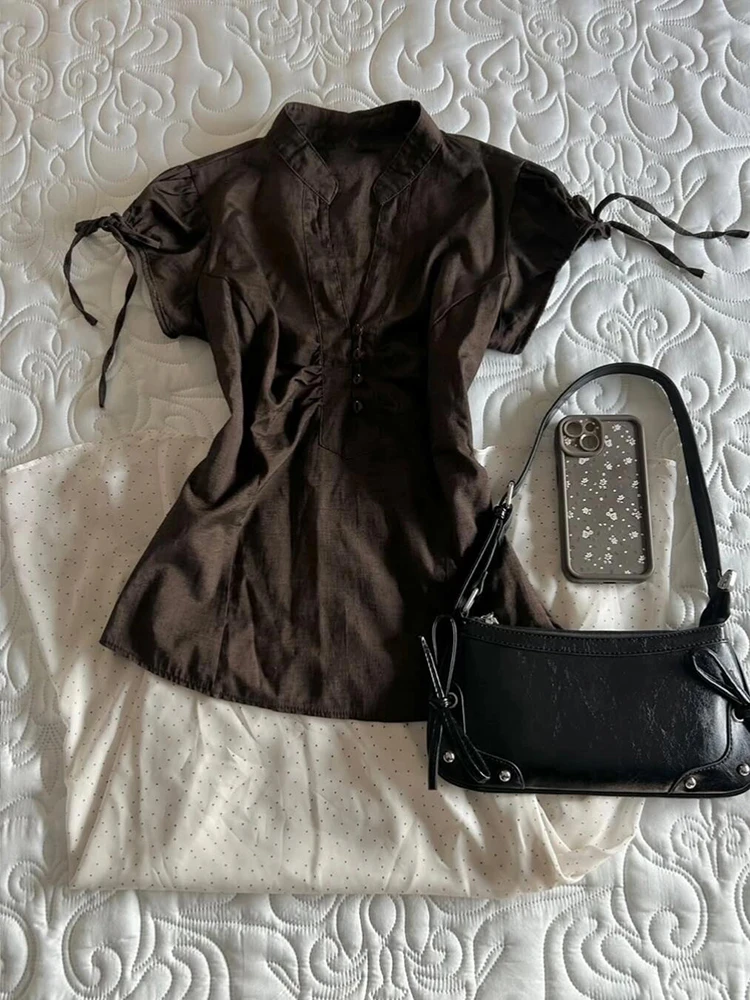 Slimming V-Neck Bubble Sleeve Shirt Women's Summer Fashion Drawstring Retro Style Cotton Blend Casual Shirt Girls' Short Sleeve
Slimming V-Neck Bubble Sleeve Shirt Women's Summer Fashion Drawstring Retro Style Cotton Blend Casual Shirt Girls' Short Sleeve