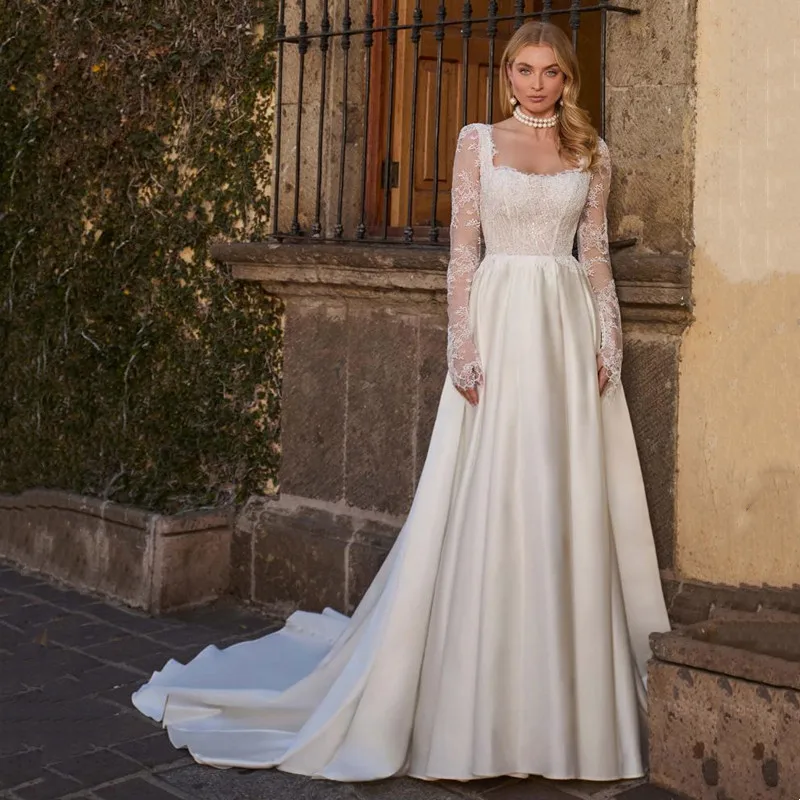 Exquisite Lace Appliques Satin A-Line Wedding Dresses Simple Square Collar Long Sleeves Bridal Gown Sexy Open Back Customized
Exquisite Lace Appliques Satin A-Line Wedding Dresses Simple Square Collar Long Sleeves Bridal Gown Sexy Open Back Customized