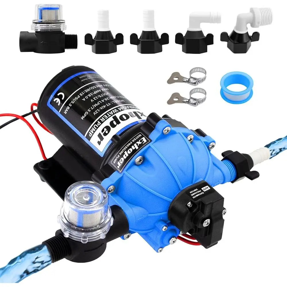RV Fresh Water Pump, 12V DC, 7 GPM, 70 PSI, Self-Priming, 5 Chamber Diaphragm with Pressure Switch and Strainer for RV, Marine,
RV Fresh Water Pump, 12V DC, 7 GPM, 70 PSI, Self-Priming, 5 Chamber Diaphragm with Pressure Switch and Strainer for RV, Marine,
