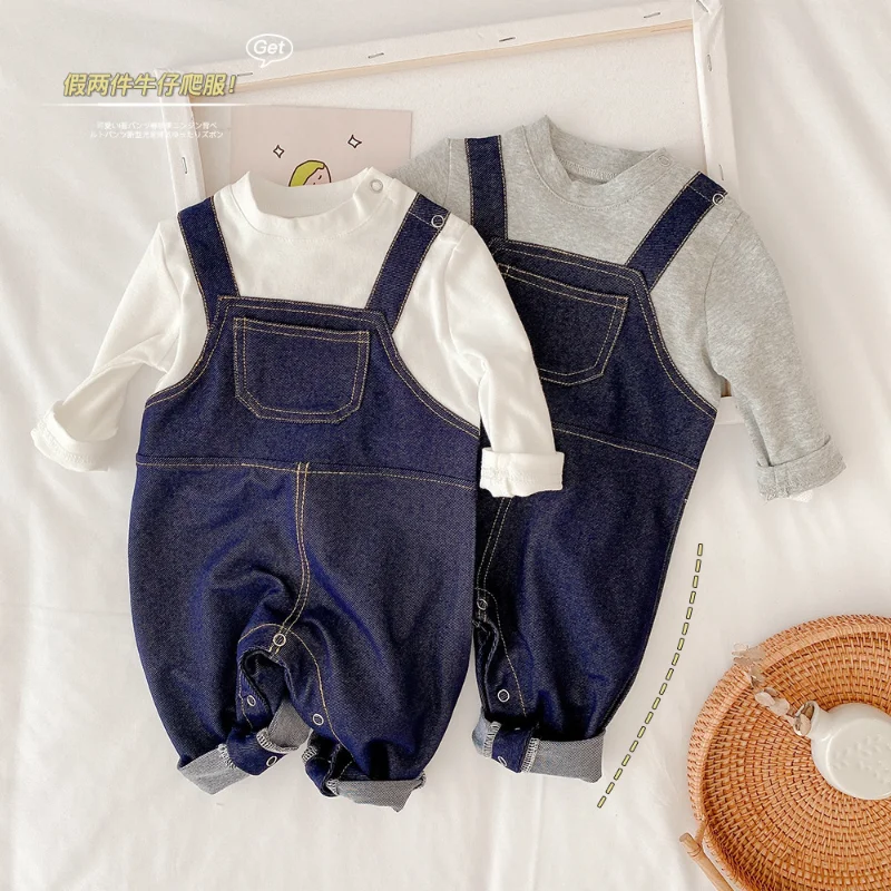 Baby Fake Two-piece Jumpsuit Toddler Kid Clothes Baby Girl Boy Sling Pants Open Crotch Knitted Romper Soft Denim Crawling Suit
Baby Fake Two-piece Jumpsuit Toddler Kid Clothes Baby Girl Boy Sling Pants Open Crotch Knitted Romper Soft Denim Crawling Suit