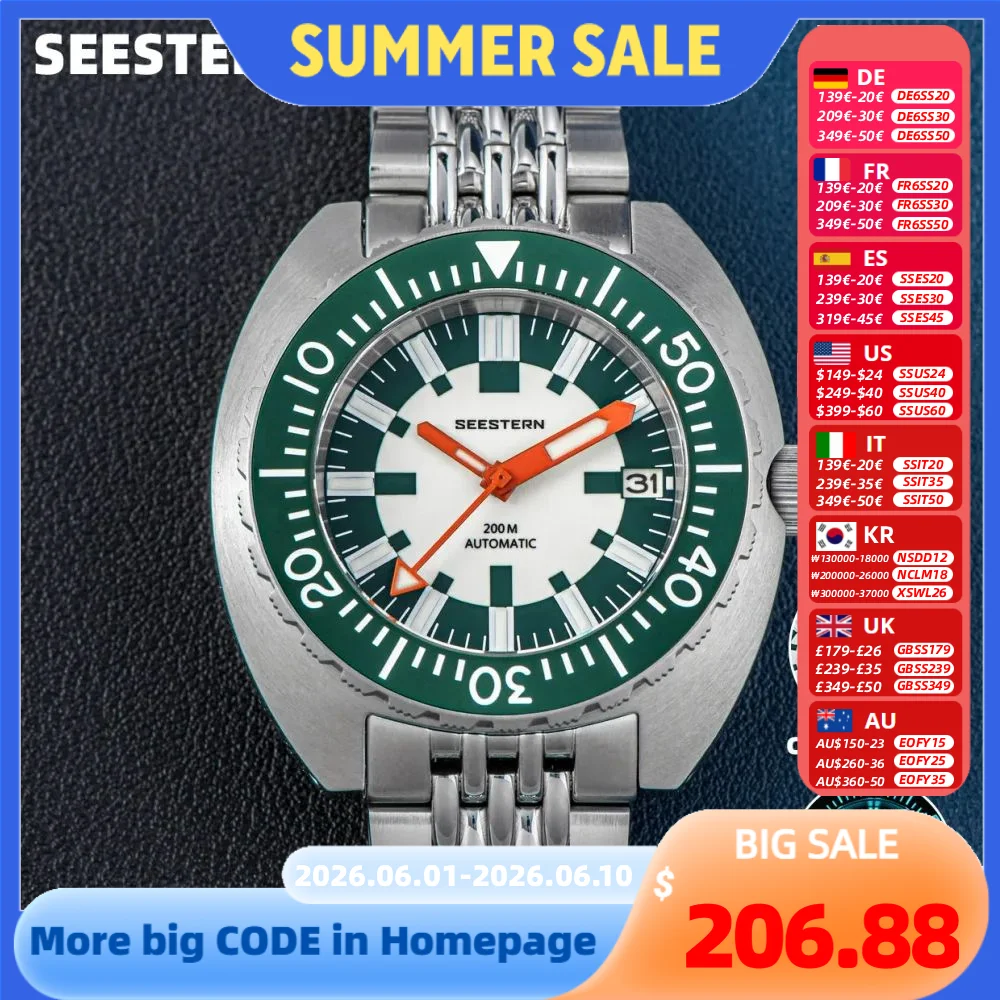 SEESTERN SUB300T Luminous Diver Watch Automatic Men Date 200m Turn Bracelet Wristwatches Retro Mechanical Sapphire Ceramic New
SEESTERN SUB300T Luminous Diver Watch Automatic Men Date 200m Turn Bracelet Wristwatches Retro Mechanical Sapphire Ceramic New