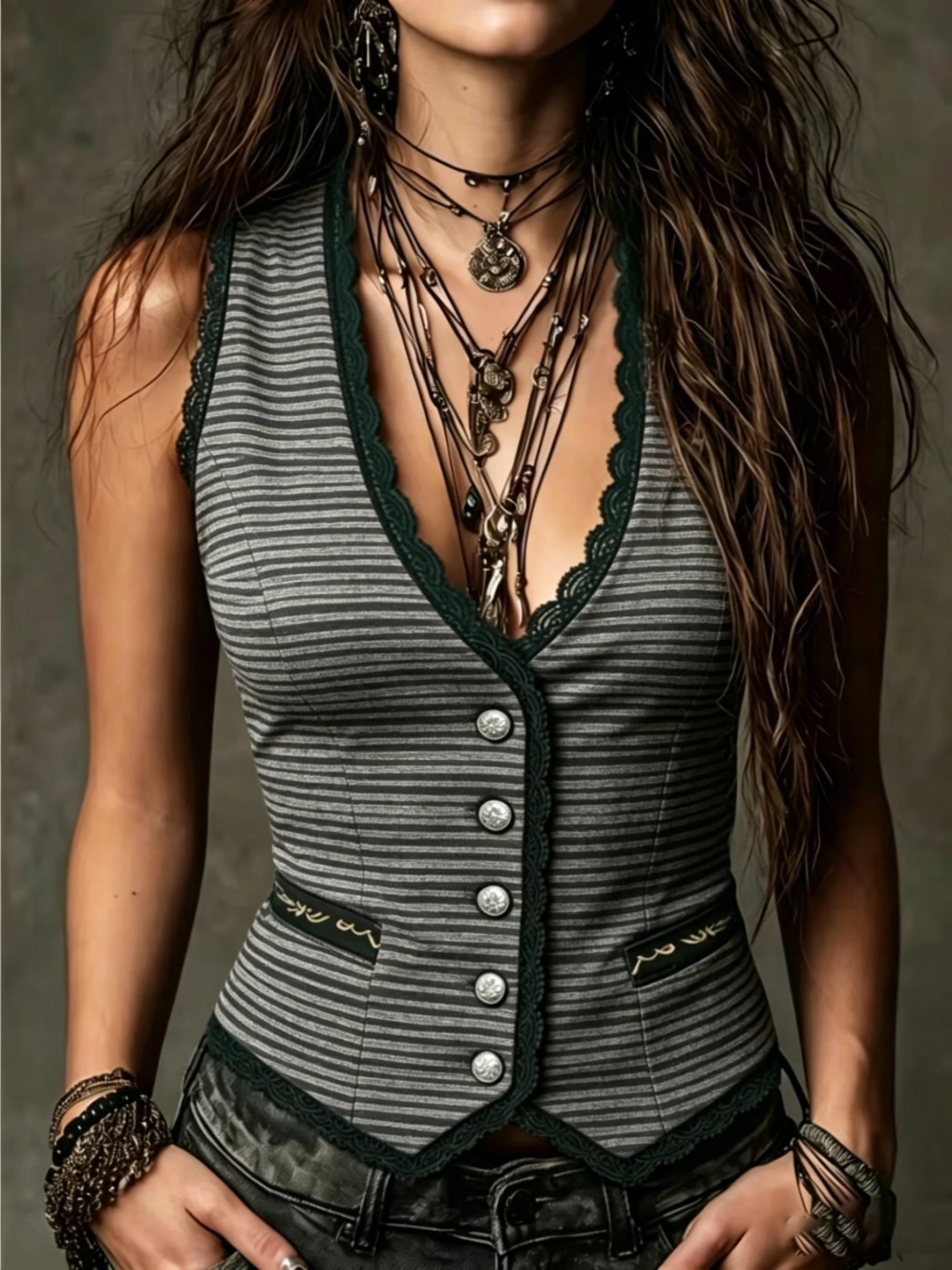 Vintage Stripe Print Tank Top for Women Lace Trim V Neck Sleeveless Vest Slim Button Casual Streetwear Top for Daily Outfit
Vintage Stripe Print Tank Top for Women Lace Trim V Neck Sleeveless Vest Slim Button Casual Streetwear Top for Daily Outfit