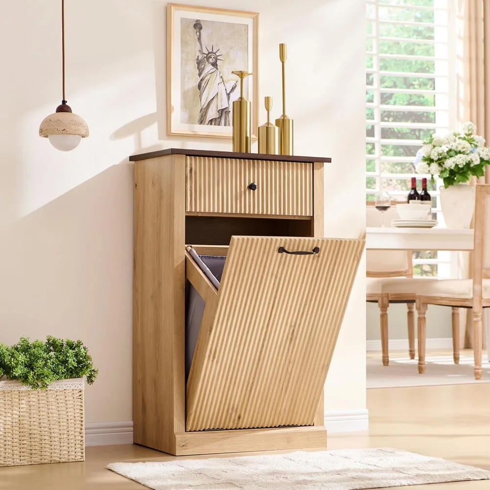 Modern Tilt-Out Trash Can Cabinet, 10 Gallon Fluted Laundry Hamper Cabinet with Drawers, Wooden Hidden Garbage Can Cabinet
Modern Tilt-Out Trash Can Cabinet, 10 Gallon Fluted Laundry Hamper Cabinet with Drawers, Wooden Hidden Garbage Can Cabinet