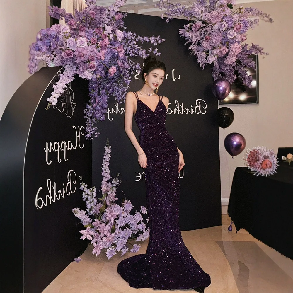 Charming Backless Purple Sequin Birthday Mermaid Dress Sexy Spaghetti Strap Vestidos De Noche Long Party Evening Dresses
Charming Backless Purple Sequin Birthday Mermaid Dress Sexy Spaghetti Strap Vestidos De Noche Long Party Evening Dresses