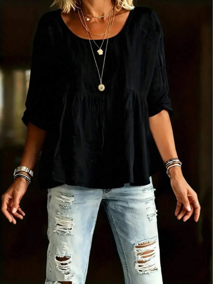 Women Black Round Neck Pleated Hem Loose Blouse Casual Top For Spring Summer Autumn
Women Black Round Neck Pleated Hem Loose Blouse Casual Top For Spring Summer Autumn