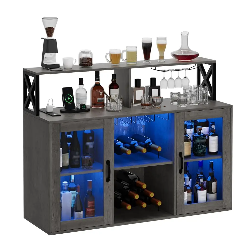 Modern Home Bar Cabinet With LED Lighting, Wine Rack, Glass Holder, Power Outlet, And Storage Shelves
Modern Home Bar Cabinet With LED Lighting, Wine Rack, Glass Holder, Power Outlet, And Storage Shelves
