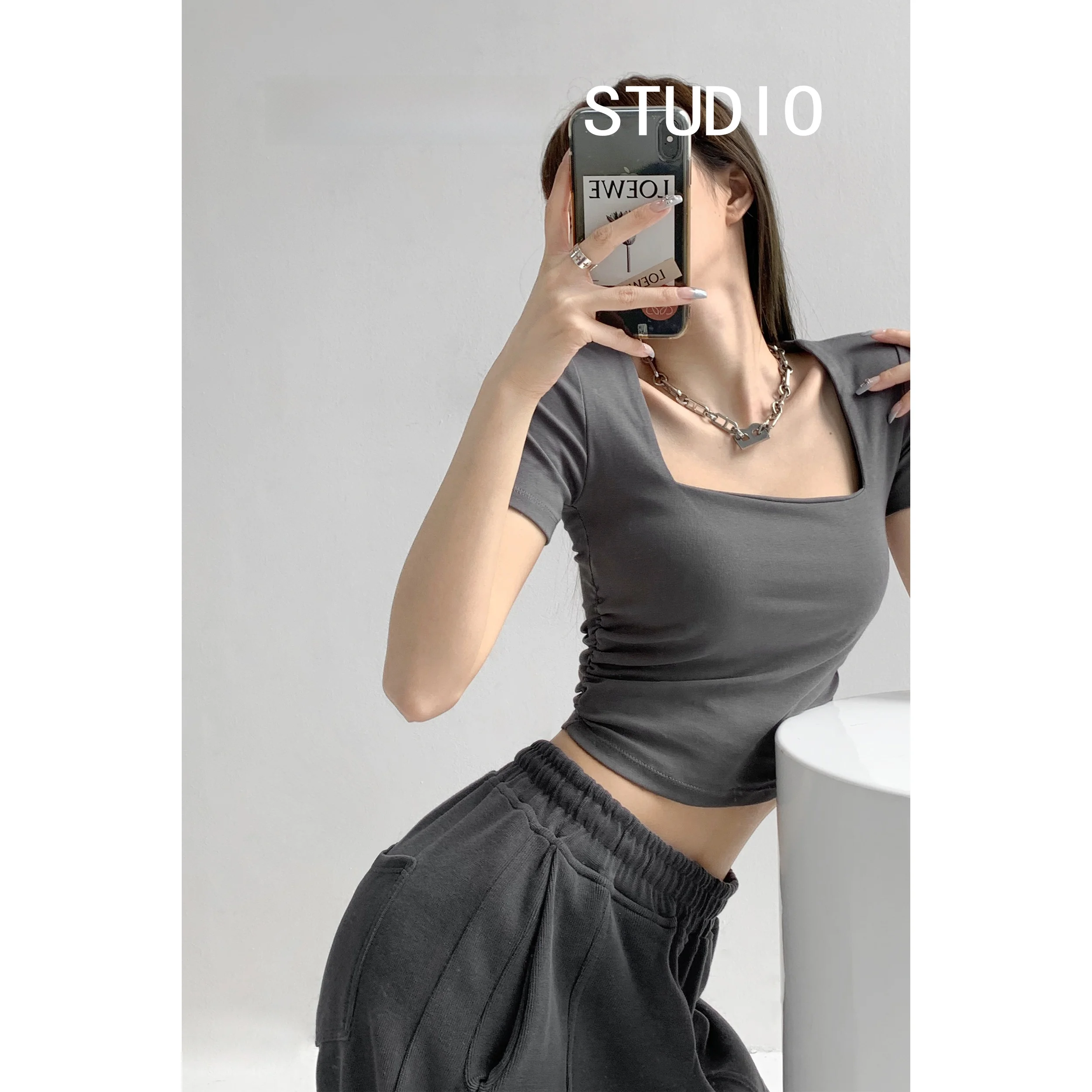 Retro Square Collar Short Sleeve Women's T-shirt Waist Cinched Pleated Spring Autumn Pure Color Street Style Slim Fit T-shirt
Retro Square Collar Short Sleeve Women's T-shirt Waist Cinched Pleated Spring Autumn Pure Color Street Style Slim Fit T-shirt