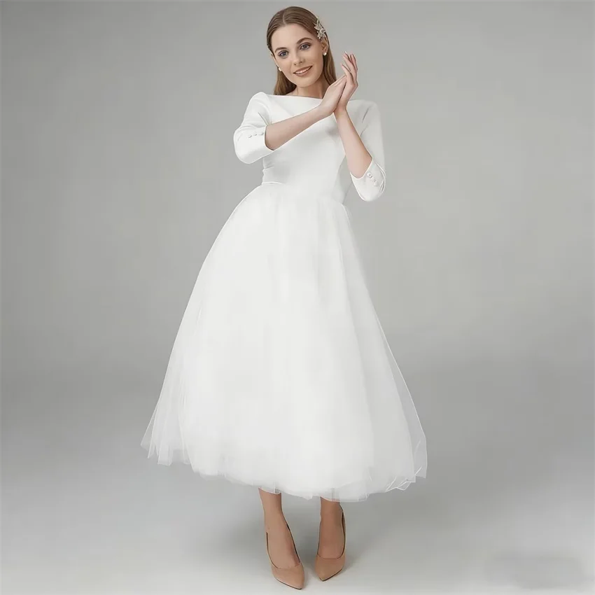 Customized Boho Simple Satin Midi Wedding Dresses for Bride Tea Length 3/4 Sleeves Short Bridal Gowns A Line Vestido De Noiva
Customized Boho Simple Satin Midi Wedding Dresses for Bride Tea Length 3/4 Sleeves Short Bridal Gowns A Line Vestido De Noiva