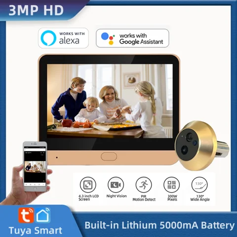Tuya Smart 3MP Outdoor Wireless Door Peephole Video Eye Camera 2.4G WiFi Night Vision Home Security Door Camera with LCD Screen