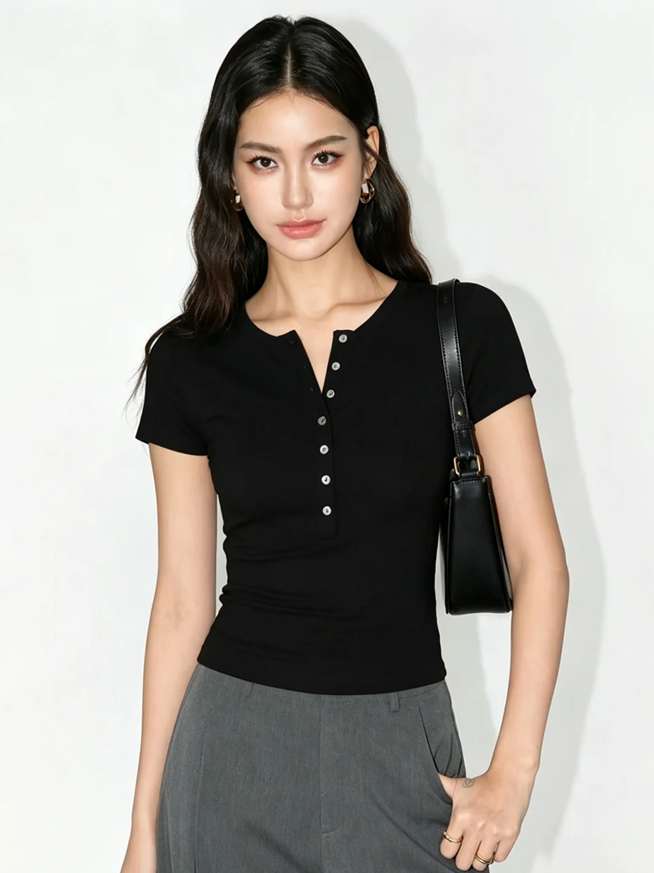 Sexy Short Sleeve T-Shirt Women's Summer Slim Fit Henry Collar Button Design Korean Style Commute Pure Color Polyester Fiber
Sexy Short Sleeve T-Shirt Women's Summer Slim Fit Henry Collar Button Design Korean Style Commute Pure Color Polyester Fiber