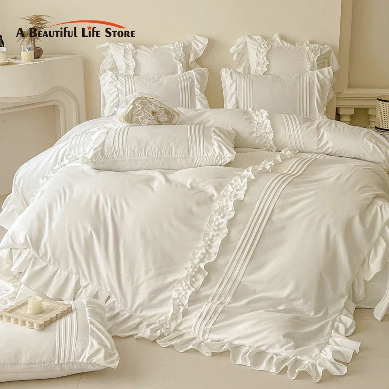 Cream White Princess Ruffles Bedding Set for Girls, Solid Color Duvet Cover, Bed Sheet, Pillowcases, Wedding Home Textiles 
Cream White Princess Ruffles Bedding Set for Girls, Solid Color Duvet Cover, Bed Sheet, Pillowcases, Wedding Home Textiles