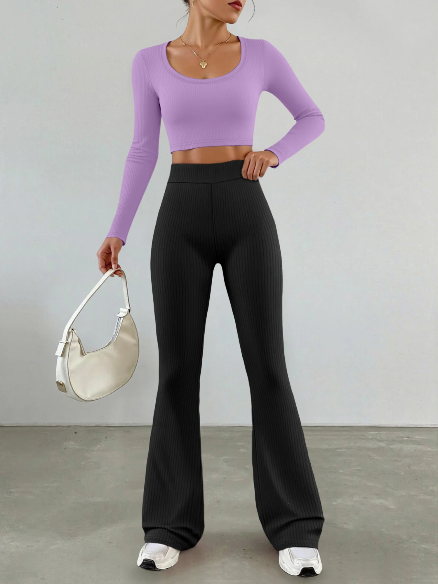 Women's Long Sleeve Ribbed Crop Top & Flare Pants Set, Soft Knit Casual Outfit for Daily Life
Women's Long Sleeve Ribbed Crop Top & Flare Pants Set, Soft Knit Casual Outfit for Daily Life