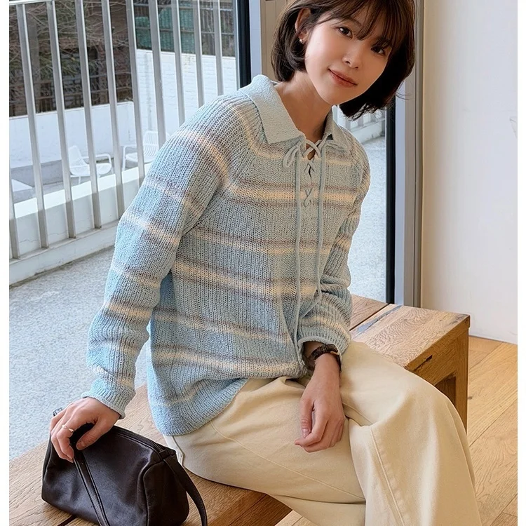 Korean Style Knitted Shirt Collar Tie Elastic Commute Versatile Knitted Top V-Neck Long Sleeve Striped Women's Sweater
Korean Style Knitted Shirt Collar Tie Elastic Commute Versatile Knitted Top V-Neck Long Sleeve Striped Women's Sweater
