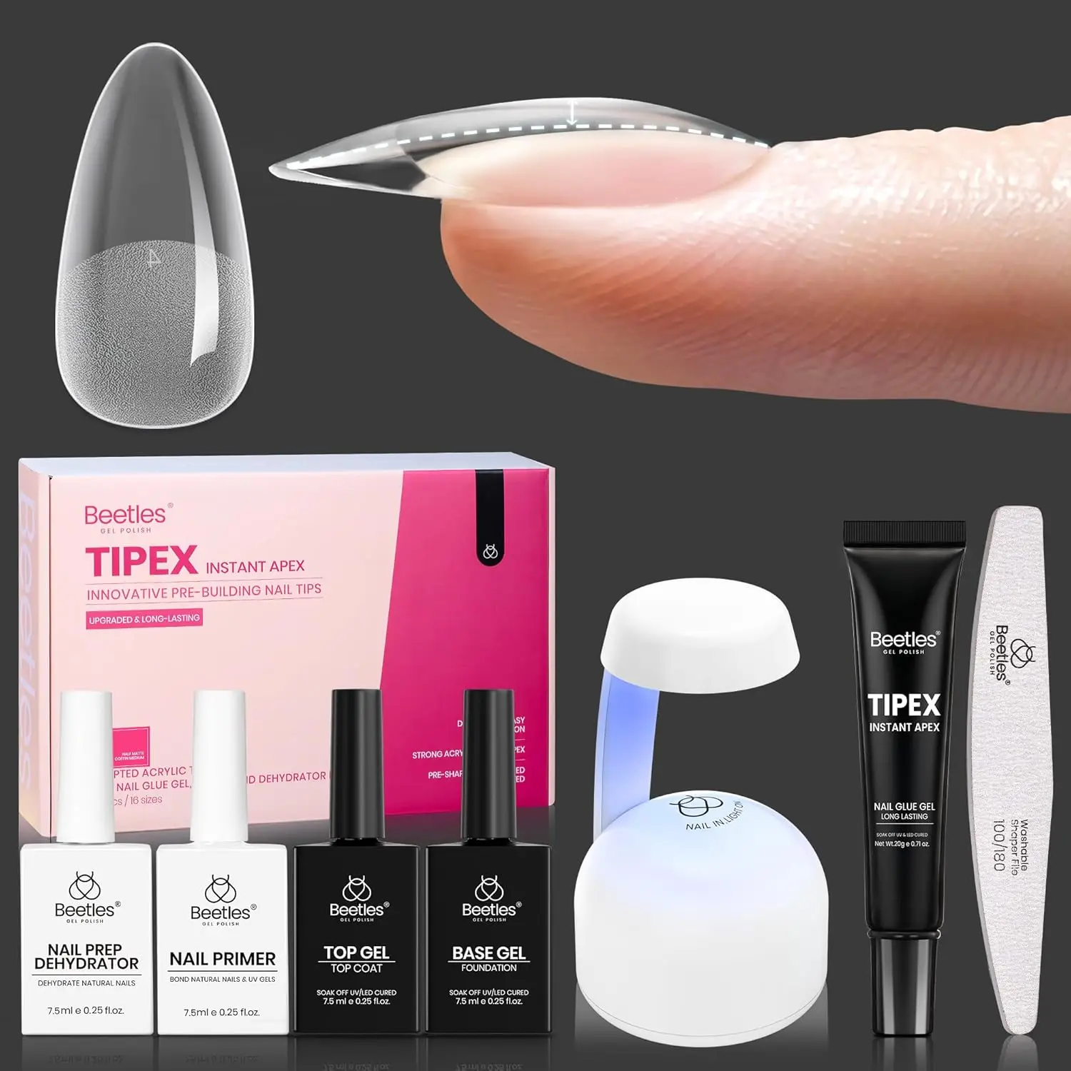 Almond Medium Acrylic Nail Tips Kit, 224PCS 16 Sizes with Glue, Dehydrator, Primer, Base & Top Coat, Mini UV Lamp
Almond Medium Acrylic Nail Tips Kit, 224PCS 16 Sizes with Glue, Dehydrator, Primer, Base & Top Coat, Mini UV Lamp