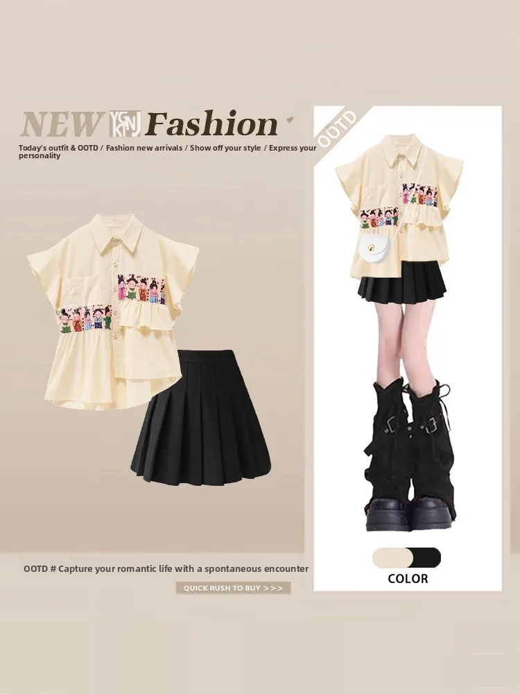 Korean College Style Cartoon Print Set Women Summer Age Reduction Slimming Skirt Two Piece Suit Elegant Shirt Pleated Skirt
Korean College Style Cartoon Print Set Women Summer Age Reduction Slimming Skirt Two Piece Suit Elegant Shirt Pleated Skirt