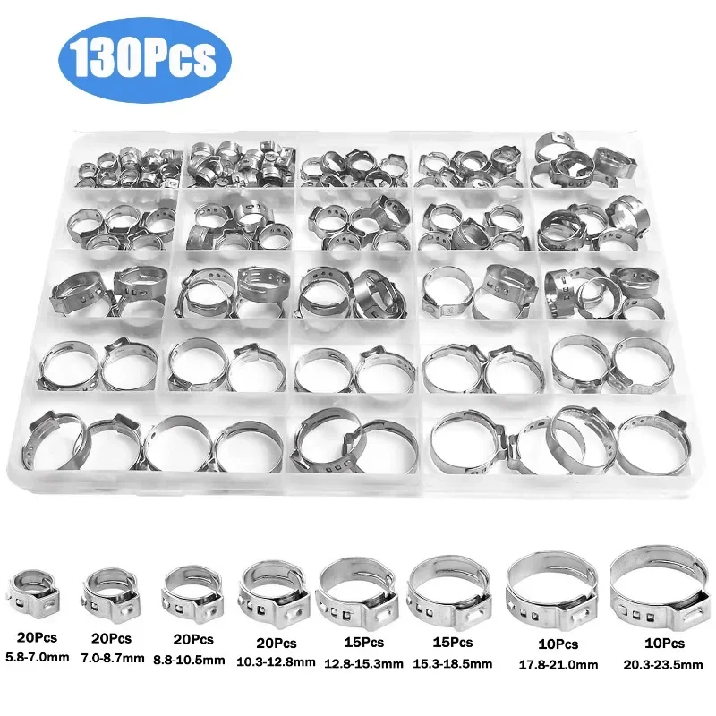 130PCS Single Ear Hose Clamps 304Stainless Steel Crimp Hose Clamps Pipe Ring Clamp for Tube 5.8-7.0/7.0-8.7/8.8-10.5/20.3-23.5mm
130PCS Single Ear Hose Clamps 304Stainless Steel Crimp Hose Clamps Pipe Ring Clamp for Tube 5.8-7.0/7.0-8.7/8.8-10.5/20.3-23.5mm