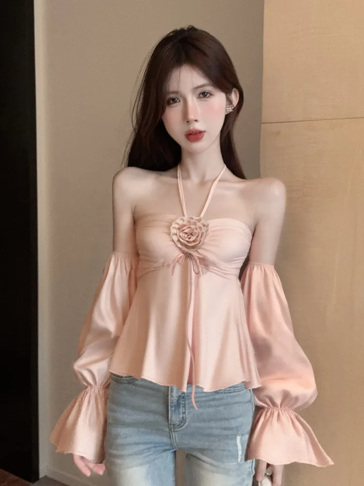 Chic Shoulder Bared Neckline Long Sleeve Flared Pants Spring Women's Sweet And Spicy Design Flower Hanging Neck Shirt
Chic Shoulder Bared Neckline Long Sleeve Flared Pants Spring Women's Sweet And Spicy Design Flower Hanging Neck Shirt