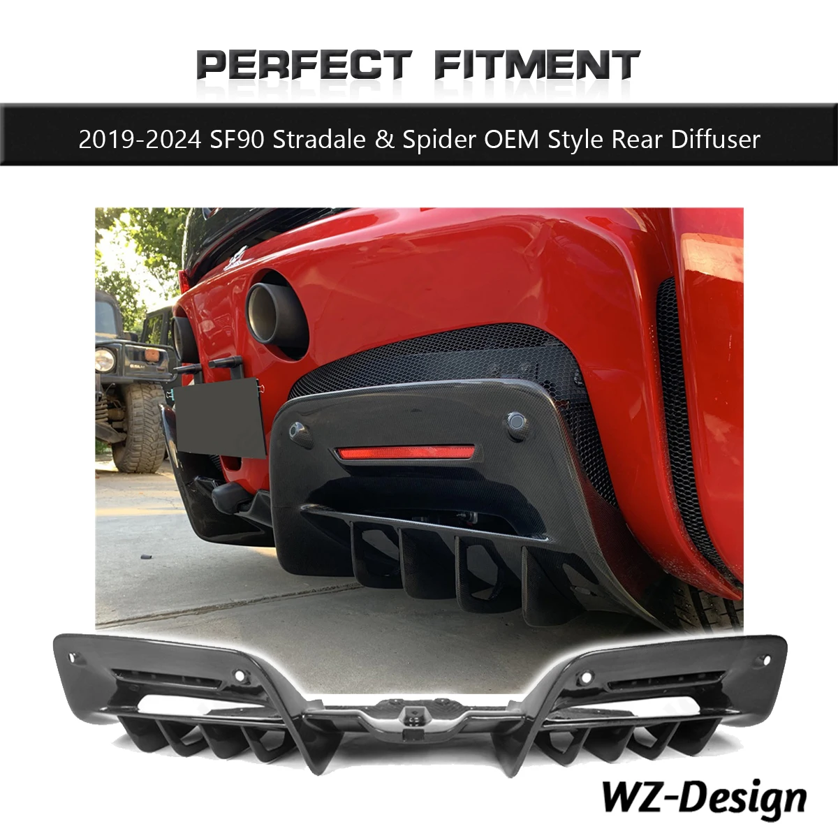 Dry Carbon Fiber OEM Style Rear Diffuser Fit For 2019-2024 SF90 Stradale Spider Rear Bumper Aero Valance Kit
Dry Carbon Fiber OEM Style Rear Diffuser Fit For 2019-2024 SF90 Stradale Spider Rear Bumper Aero Valance Kit