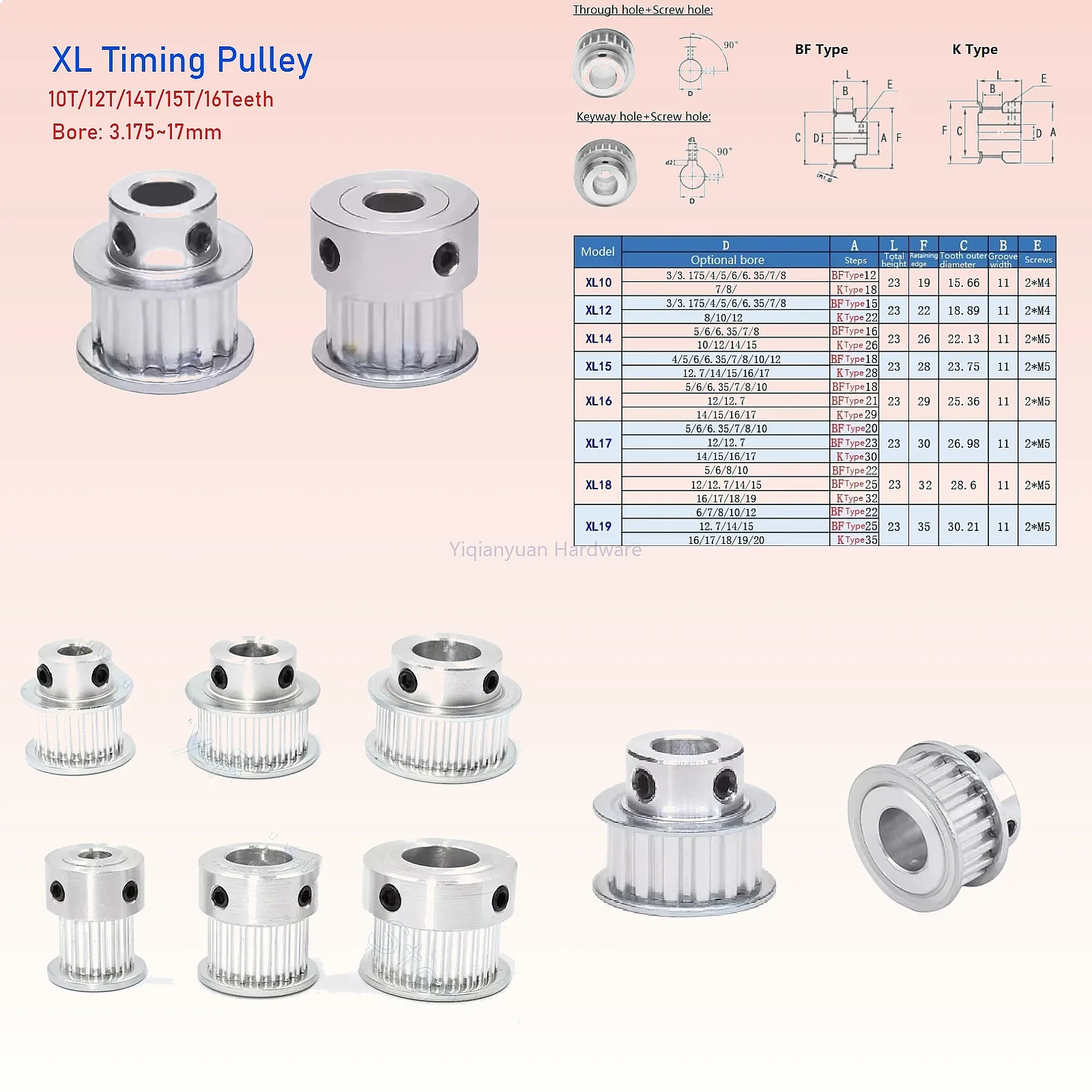 Yiqianyuan 1Piece XL Timing Pulley Aluminum 10T-16T Teeth Slot Width 11mm BF/K-Type Bore 3.175-17mm for 3D Printer CNC
Yiqianyuan 1Piece XL Timing Pulley Aluminum 10T-16T Teeth Slot Width 11mm BF/K-Type Bore 3.175-17mm for 3D Printer CNC