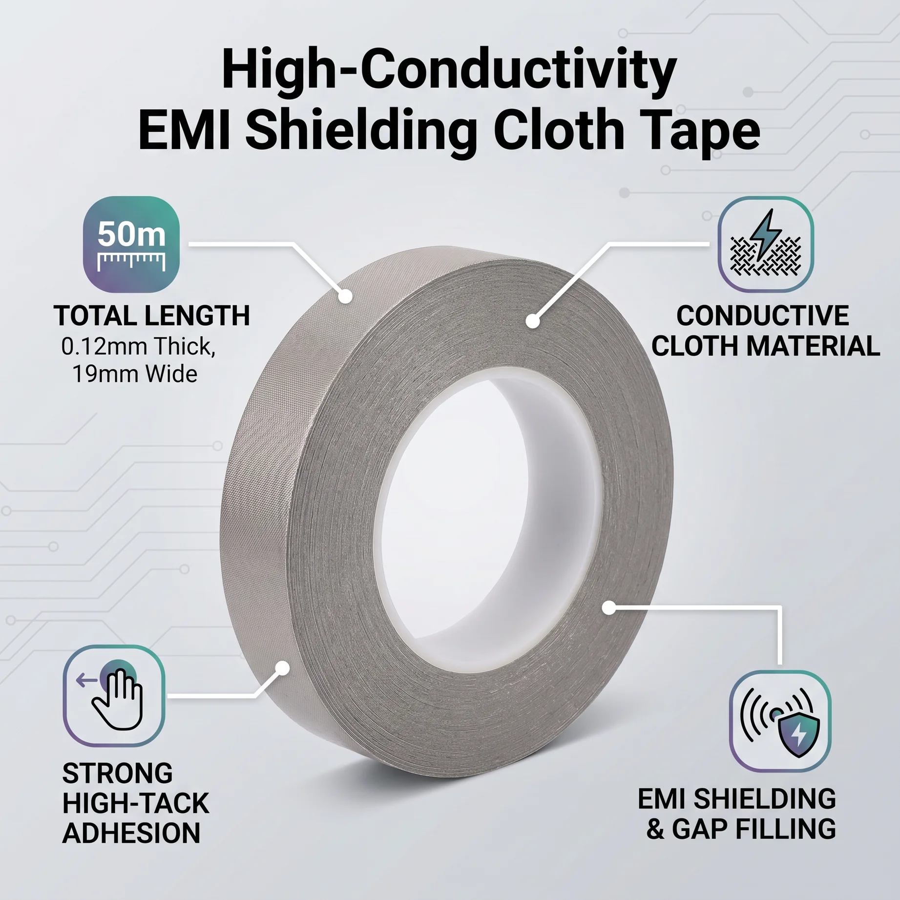 Conductive Cloth Adhesive Tape Conductive Fabric Tape 0.12mm Thickness Good Conductivity 19mm Width for Computer Signal Cables
Conductive Cloth Adhesive Tape Conductive Fabric Tape 0.12mm Thickness Good Conductivity 19mm Width for Computer Signal Cables