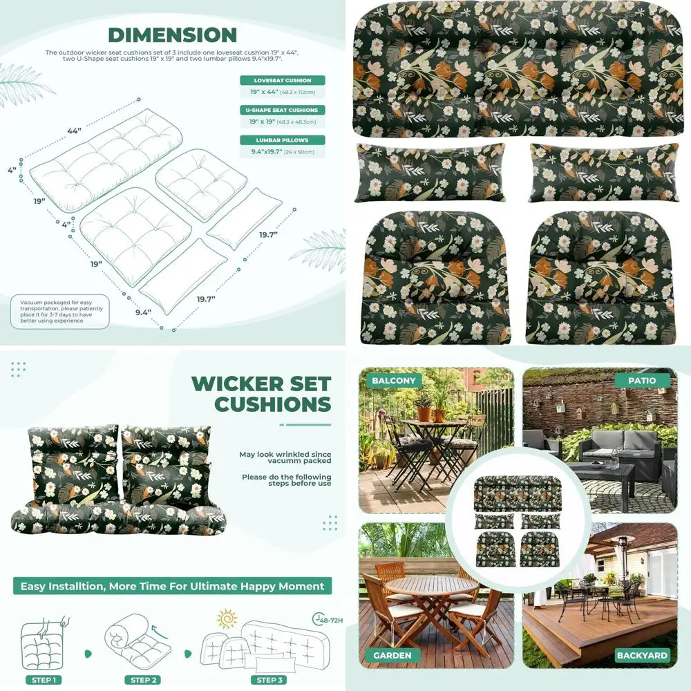 5-Piece Waterproof Outdoor Wicker Loveseat Cushion Set with U-Shape and Lumbar Pillows in Black Flower Pattern
5-Piece Waterproof Outdoor Wicker Loveseat Cushion Set with U-Shape and Lumbar Pillows in Black Flower Pattern