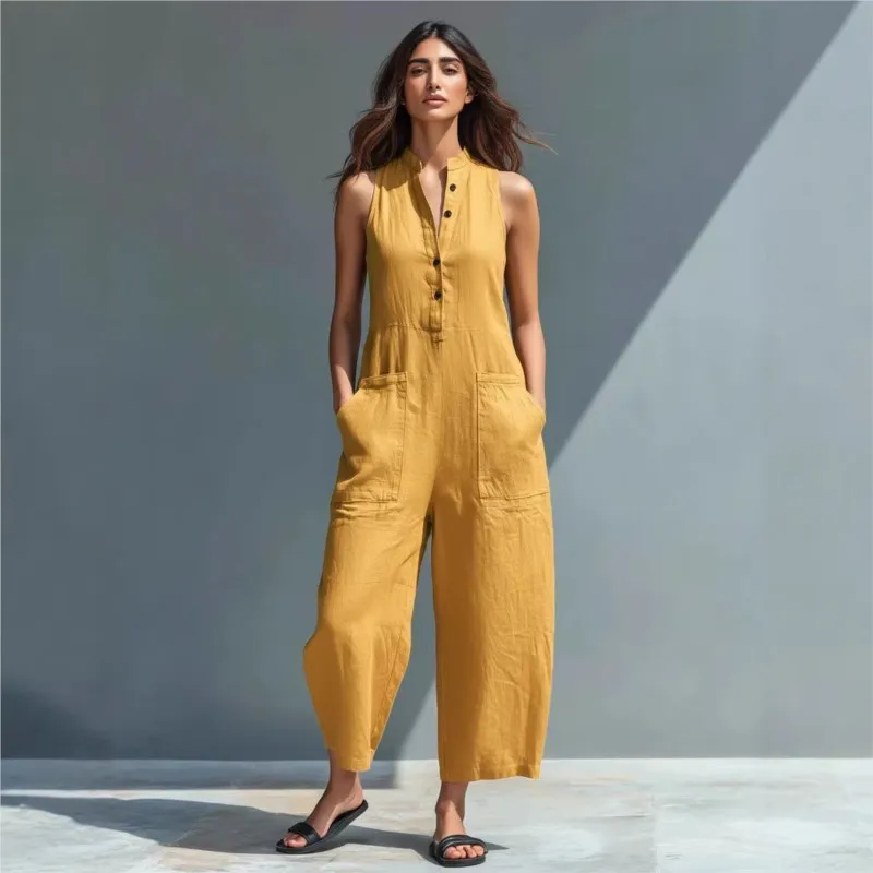 Women's Casual High Waist With Pocket Jumpsuit Summer New Buttoned Stand-up Collar Sleeveless Loose Wide-leg Long Pants Female
Women's Casual High Waist With Pocket Jumpsuit Summer New Buttoned Stand-up Collar Sleeveless Loose Wide-leg Long Pants Female
