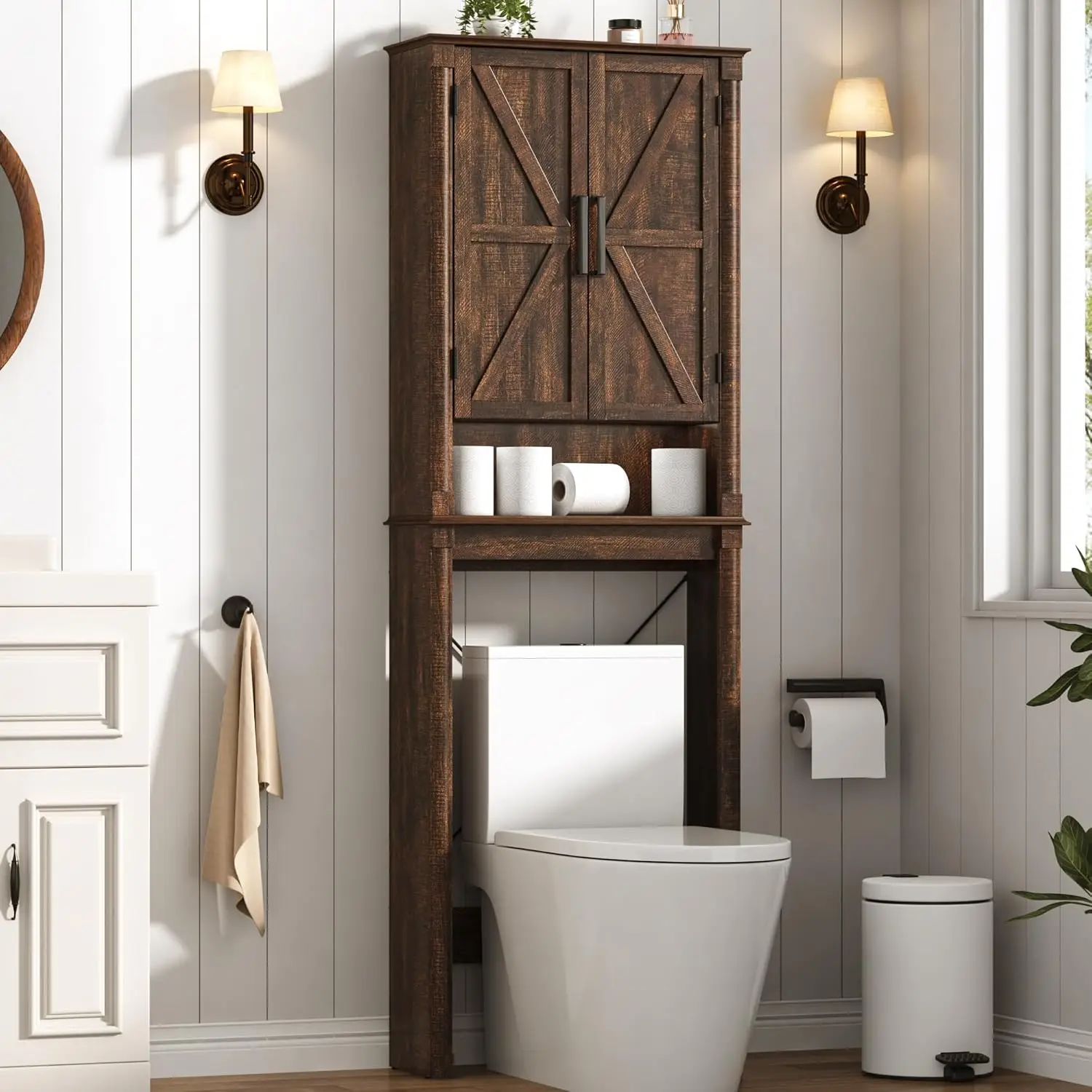 Farmhouse Bathroom Storage Cabinet,Over The Toilet Storage Cabinet with Roman Column Decor,Tall Over The Toilet Shelf with Ba
Farmhouse Bathroom Storage Cabinet,Over The Toilet Storage Cabinet with Roman Column Decor,Tall Over The Toilet Shelf with Ba