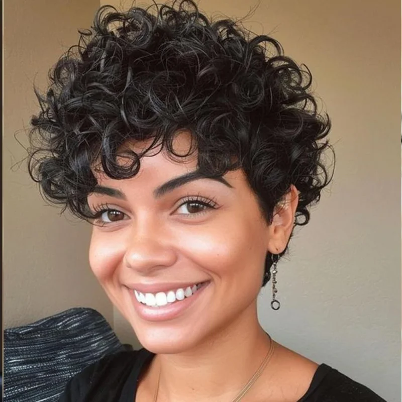 Short Curly Synthetic Wig for Black Women, Black Bob & Curly Afro Style with Bangs
Short Curly Synthetic Wig for Black Women, Black Bob & Curly Afro Style with Bangs