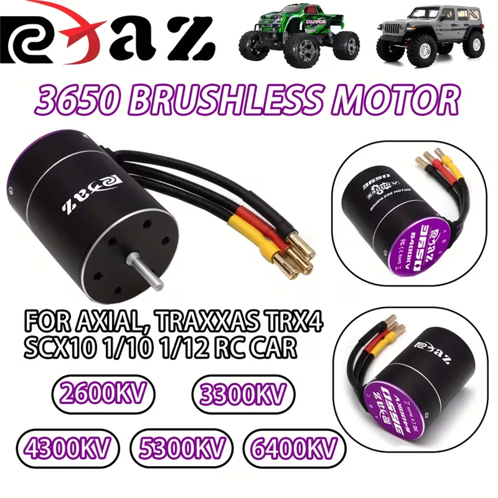 RCXAZ Black Purple 3650 Brushless Motor 2600KV 3300KV 4300KV 5300KV 6400KV Suitable for arrma Traxxas Hsp Redcat Rc4wd Tamiya Axial scx10 D90 Hpi 1/12 1/10 and other on-road and off-road model installation, modification, and upgrade
RCXAZ Black Purple 3650 Brushless Motor 2600KV 3300KV 4300KV 5300KV 6400KV Suitable for arrma Traxxas Hsp Redcat Rc4wd Tamiya Axial scx10 D90 Hpi 1/12 1/10 and other on-road and off-road model installation, modification, and upgrade