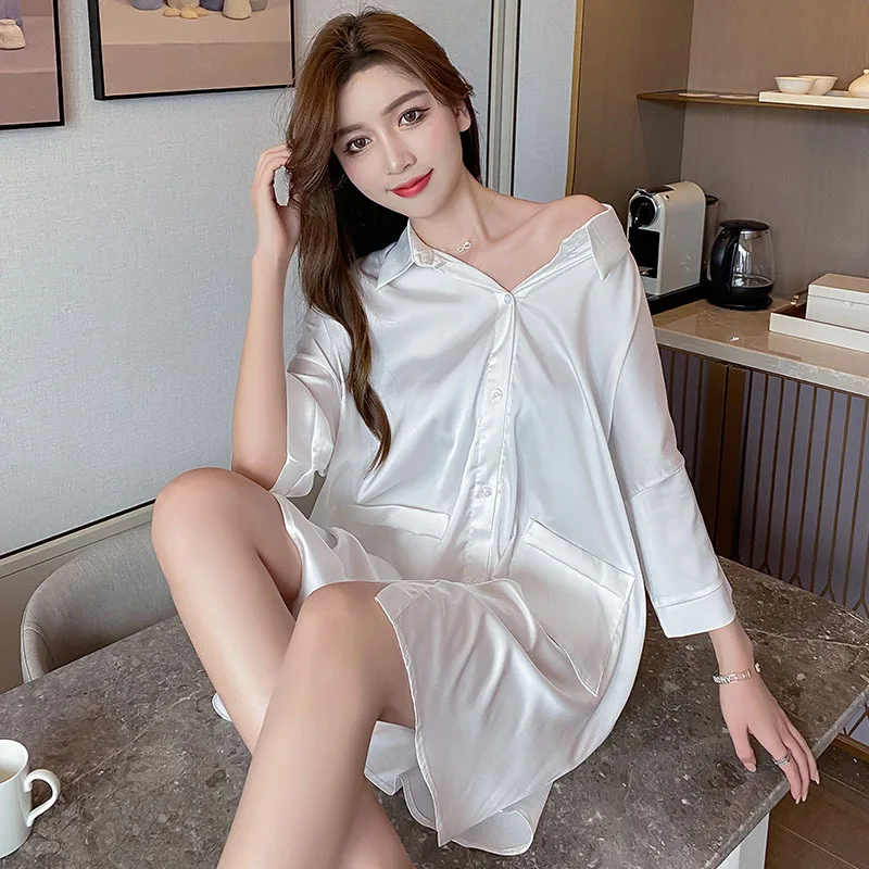Sexy White Mini Nightdress Sleepshirt Summer New Women Sleepwear Nightgown Thin Soft Satin Night Shirt Lingerie Loose Home Dress
Sexy White Mini Nightdress Sleepshirt Summer New Women Sleepwear Nightgown Thin Soft Satin Night Shirt Lingerie Loose Home Dress