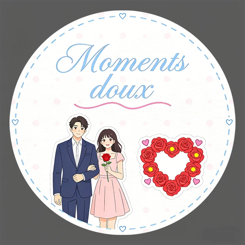 Круглые наклейки — розовый и синий дизайн «Moments doux» в мультяшном стиле с парой и розовым сердцем для подарочной упаковки, декора поздравительной открытки
Круглые наклейки — розовый и синий дизайн «Moments doux» в мультяшном стиле с парой и розовым сердцем для подарочной упаковки, декора поздравительной открытки