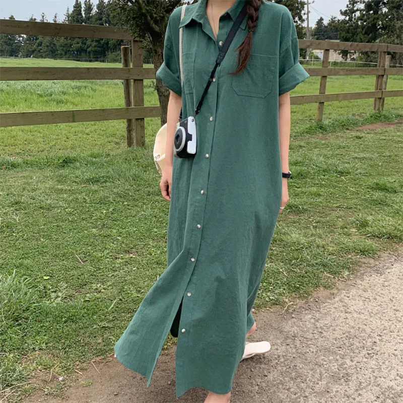 Fashion Lapel Button Pockets Solid Color Casual Dresses Female Clothing Summer New Loose Short Sleeve All-match Long Dress
Fashion Lapel Button Pockets Solid Color Casual Dresses Female Clothing Summer New Loose Short Sleeve All-match Long Dress