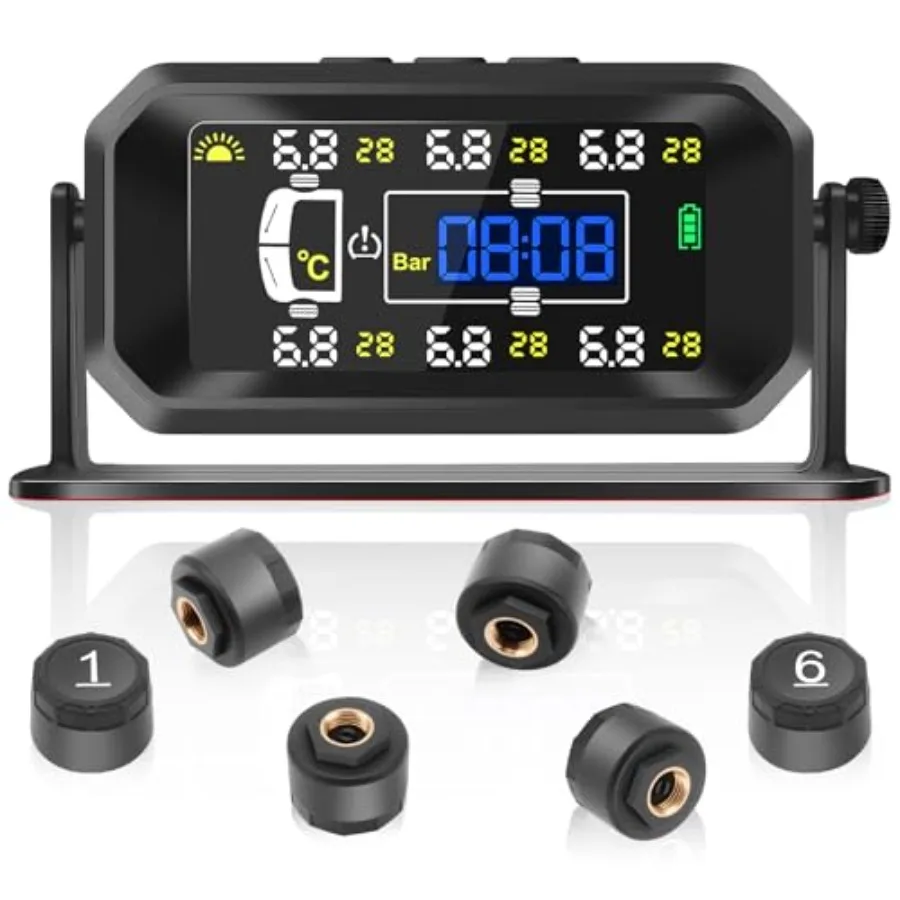 RV Tire Pressure Monitoring SystemTire Pressure Monitor with 6 Sensors Solar ChargeandUSB charge TPMS Real-Time Monitoring 6 Al
RV Tire Pressure Monitoring SystemTire Pressure Monitor with 6 Sensors Solar ChargeandUSB charge TPMS Real-Time Monitoring 6 Al