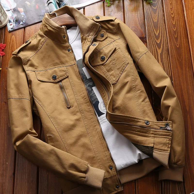 Men's Workwear-style Khaki Long-sleeve Cotton Jacket, Black Stand-up Collar Casual Coat, and Olive Green Lightweight Top.
Men's Workwear-style Khaki Long-sleeve Cotton Jacket, Black Stand-up Collar Casual Coat, and Olive Green Lightweight Top.